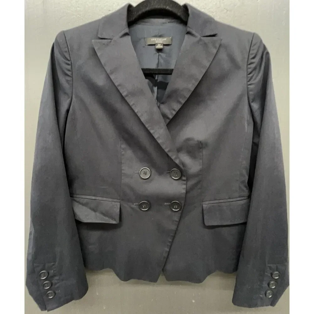 Ann Taylor Petite Blazer 6P‎ Blue Dbl Breasted Crop Lined Stretch Jacket Career